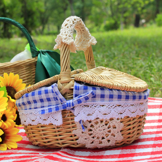 Hand-Woven Wicker Picnic Basket Lid Design Cotton+Linen Cloth Lining Blanket for Eggs, Candy, Flowers, Size: L