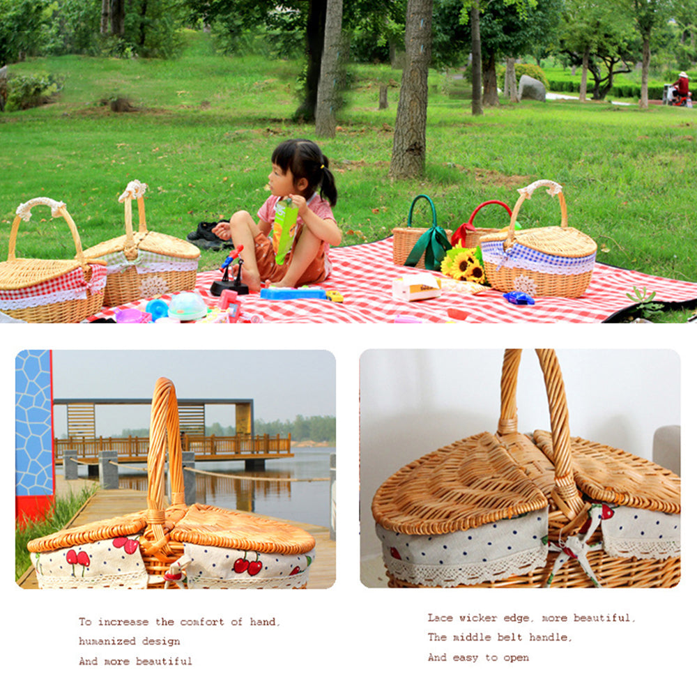 Hand-Woven Wicker Picnic Basket Lid Design Cotton+Linen Cloth Lining Blanket for Eggs, Candy, Flowers, Size: L