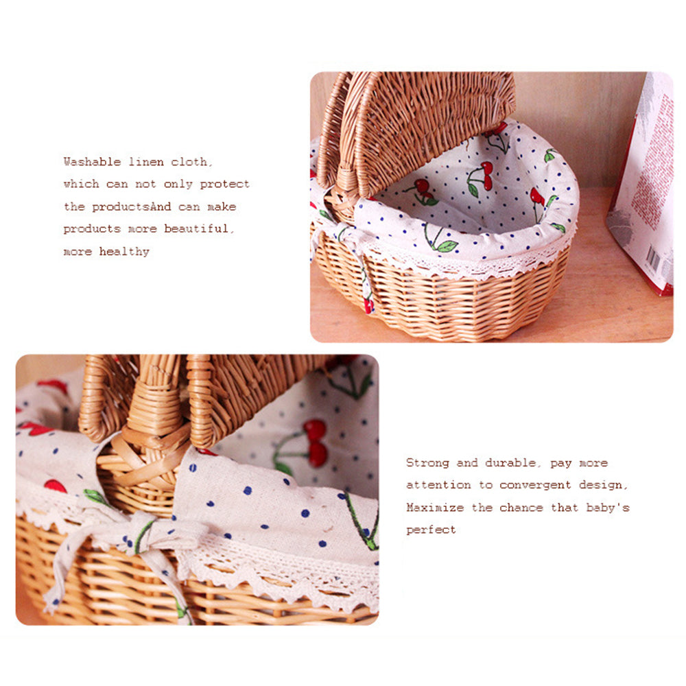 Hand-Woven Wicker Picnic Basket Lid Design Cotton+Linen Cloth Lining Blanket for Eggs, Candy, Flowers, Size: L