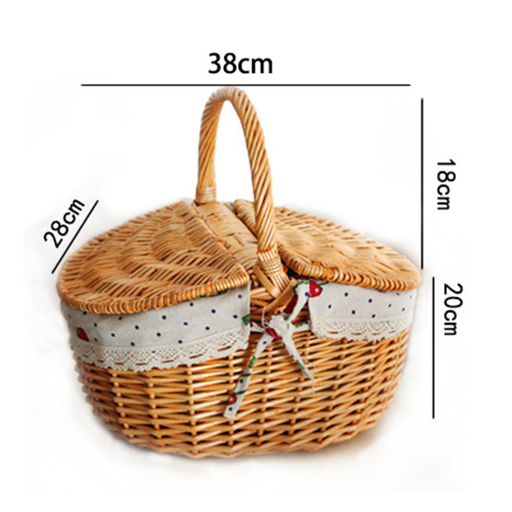 Hand-Woven Wicker Picnic Basket Lid Design Cotton+Linen Cloth Lining Blanket for Eggs, Candy, Flowers, Size: L