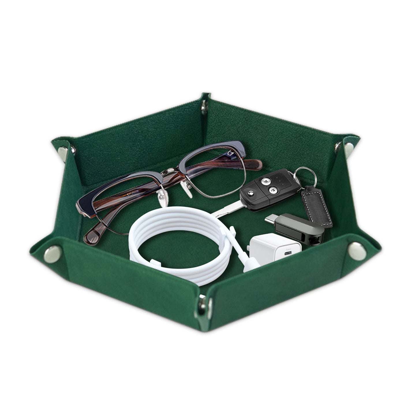 8-inch PU Leather Sundries Organizer Tray Metal Buttons Design Desktop Storage Tray