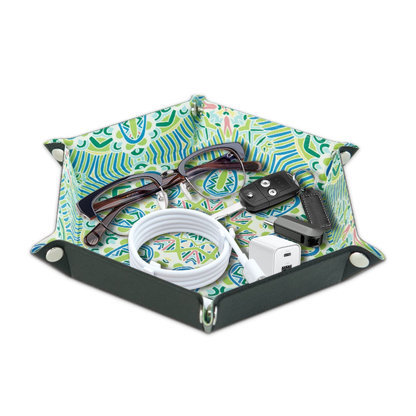 8-inch PU Leather Sundries Organizer Tray Metal Buttons Design Desktop Storage Tray