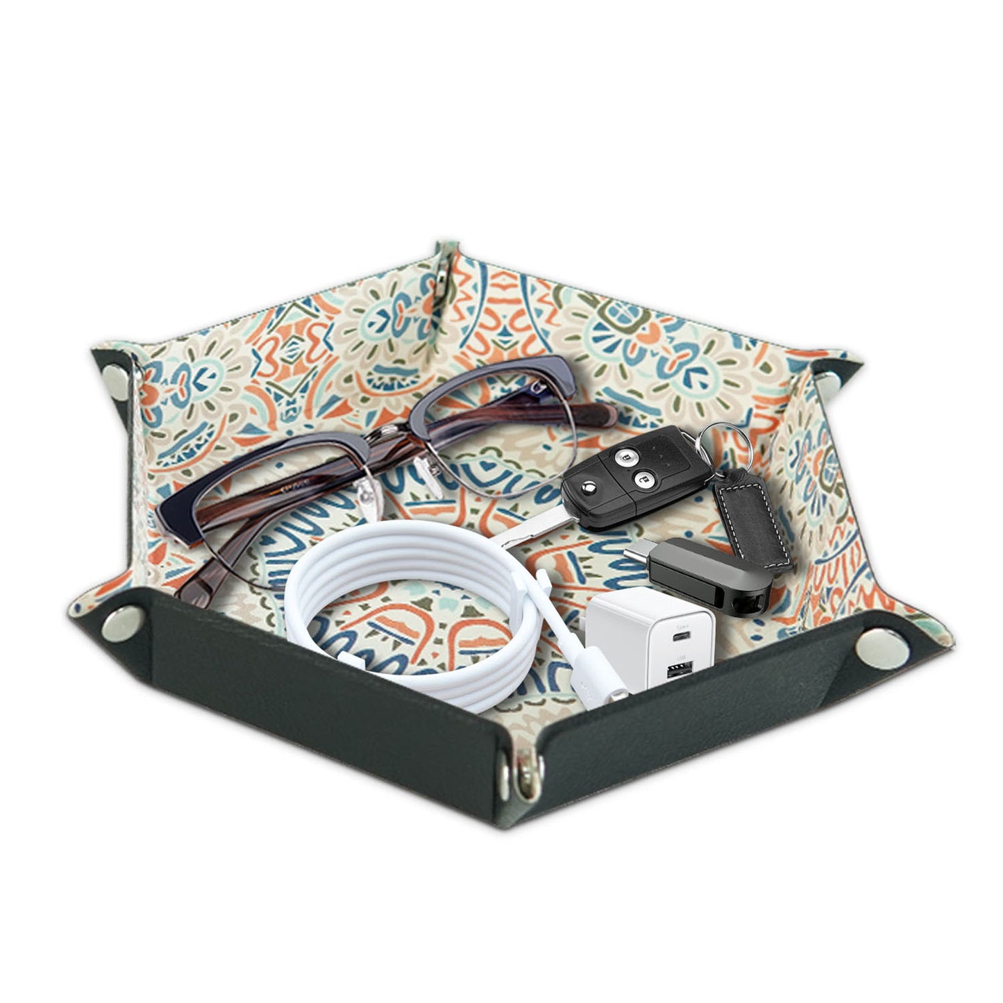 8-inch PU Leather Sundries Organizer Tray Metal Buttons Design Desktop Storage Tray