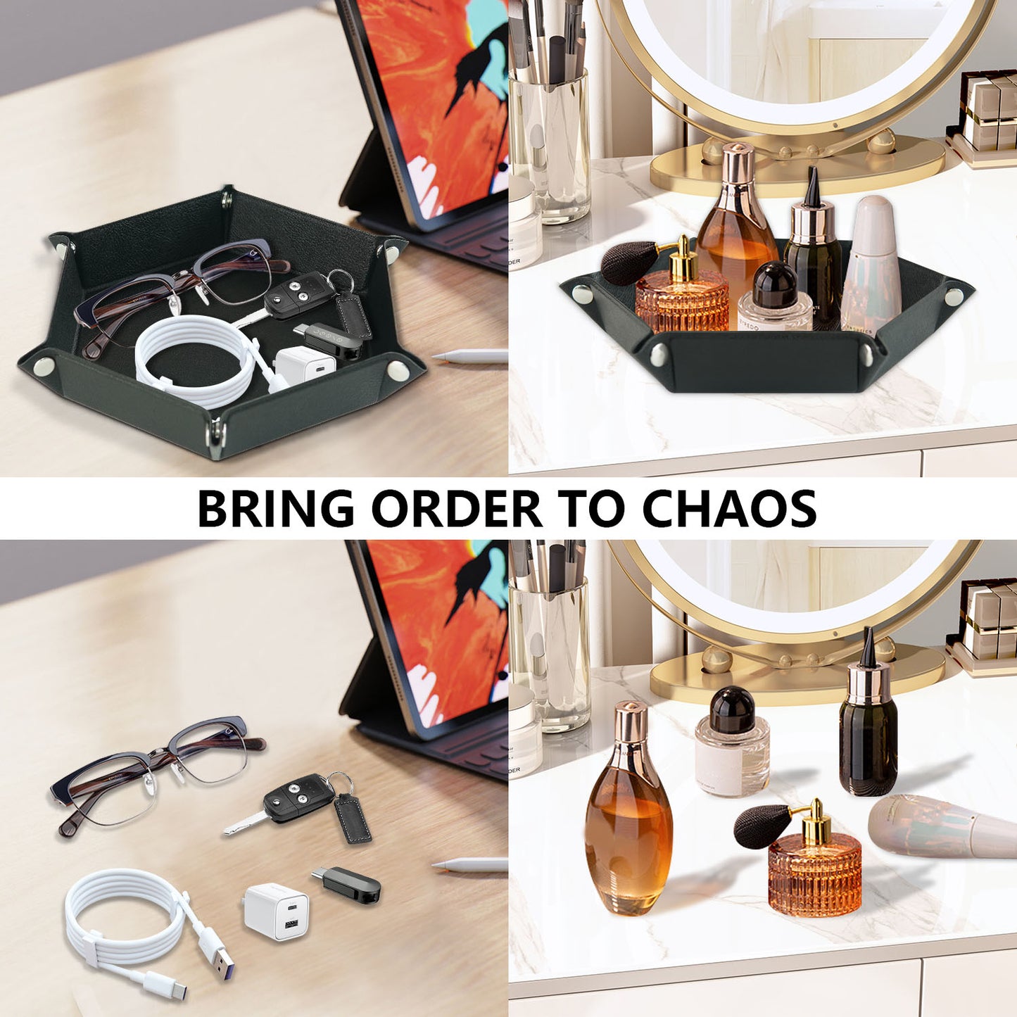 7-inch PU Leather Sundries Organizer Tray Hexagon Home Desktop Storage Tray