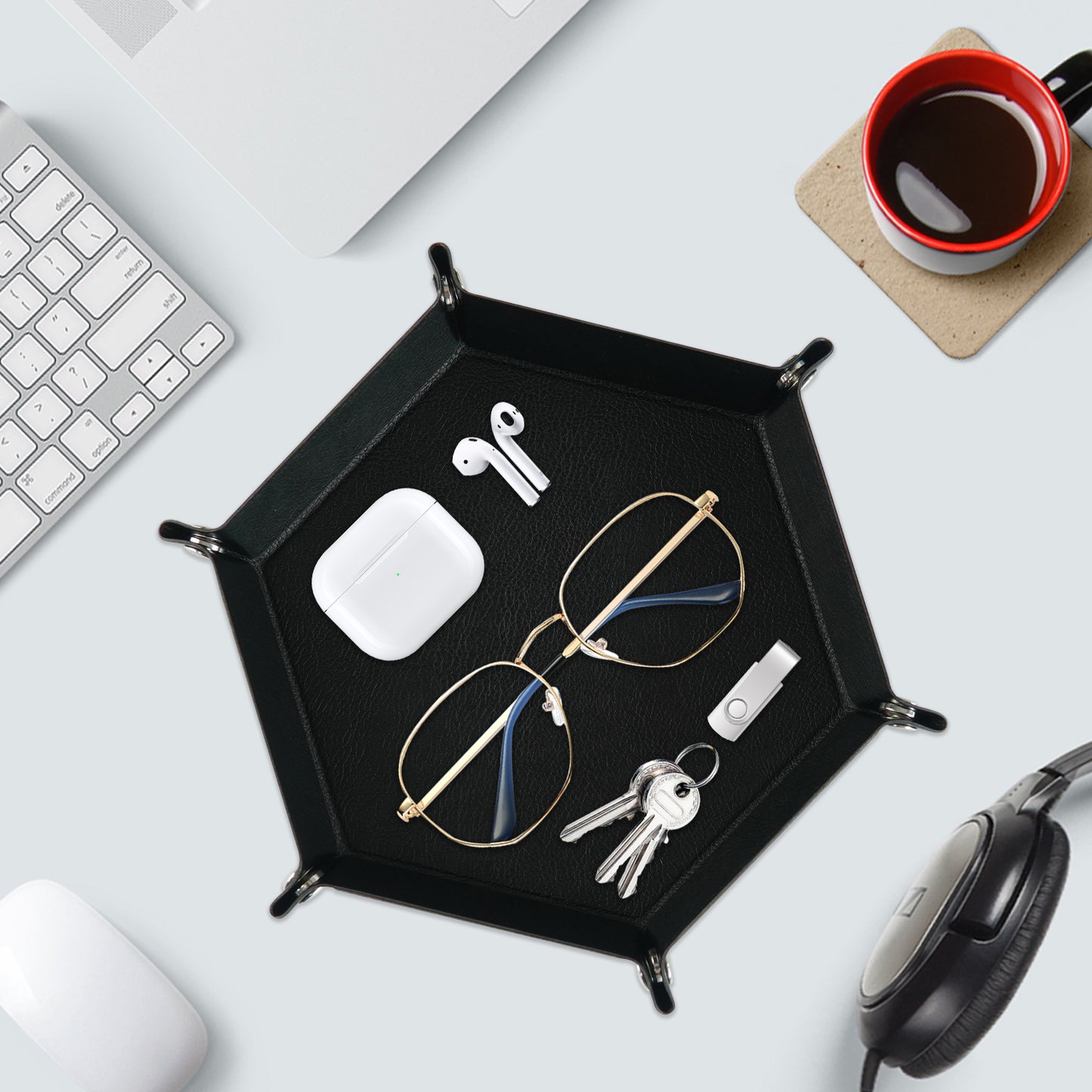 7-inch PU Leather Sundries Organizer Tray Hexagon Home Desktop Storage Tray