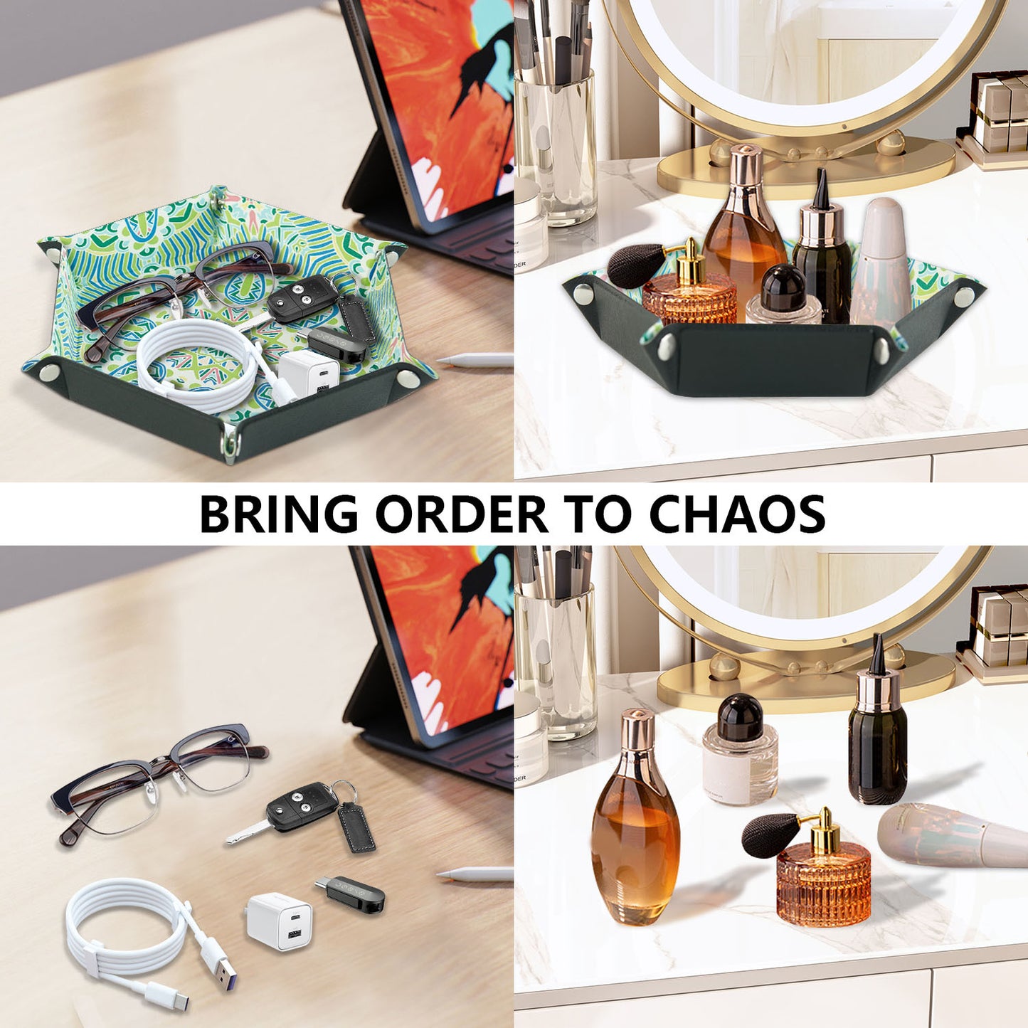 7-inch PU Leather Sundries Organizer Tray Hexagon Home Desktop Storage Tray