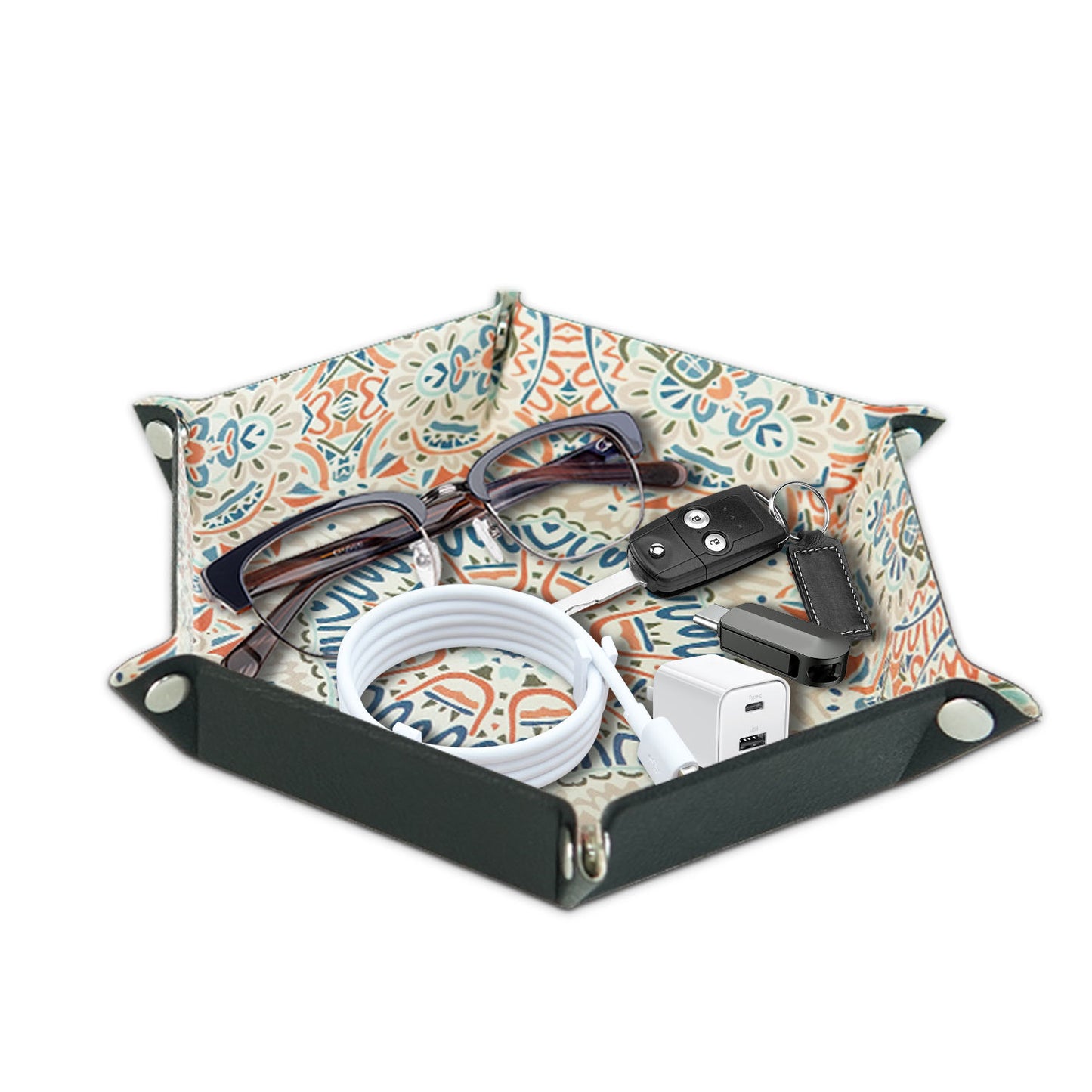 7-inch PU Leather Sundries Organizer Tray Hexagon Home Desktop Storage Tray