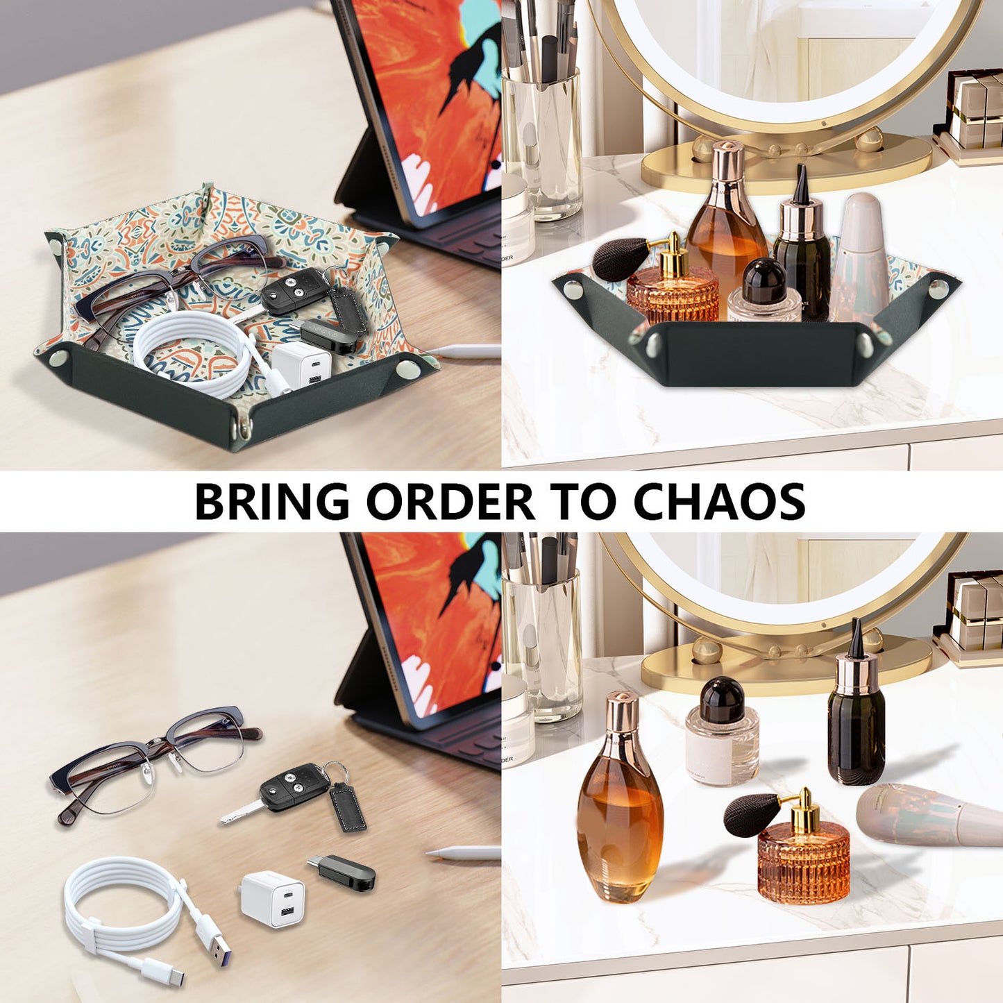 7-inch PU Leather Sundries Organizer Tray Hexagon Home Desktop Storage Tray