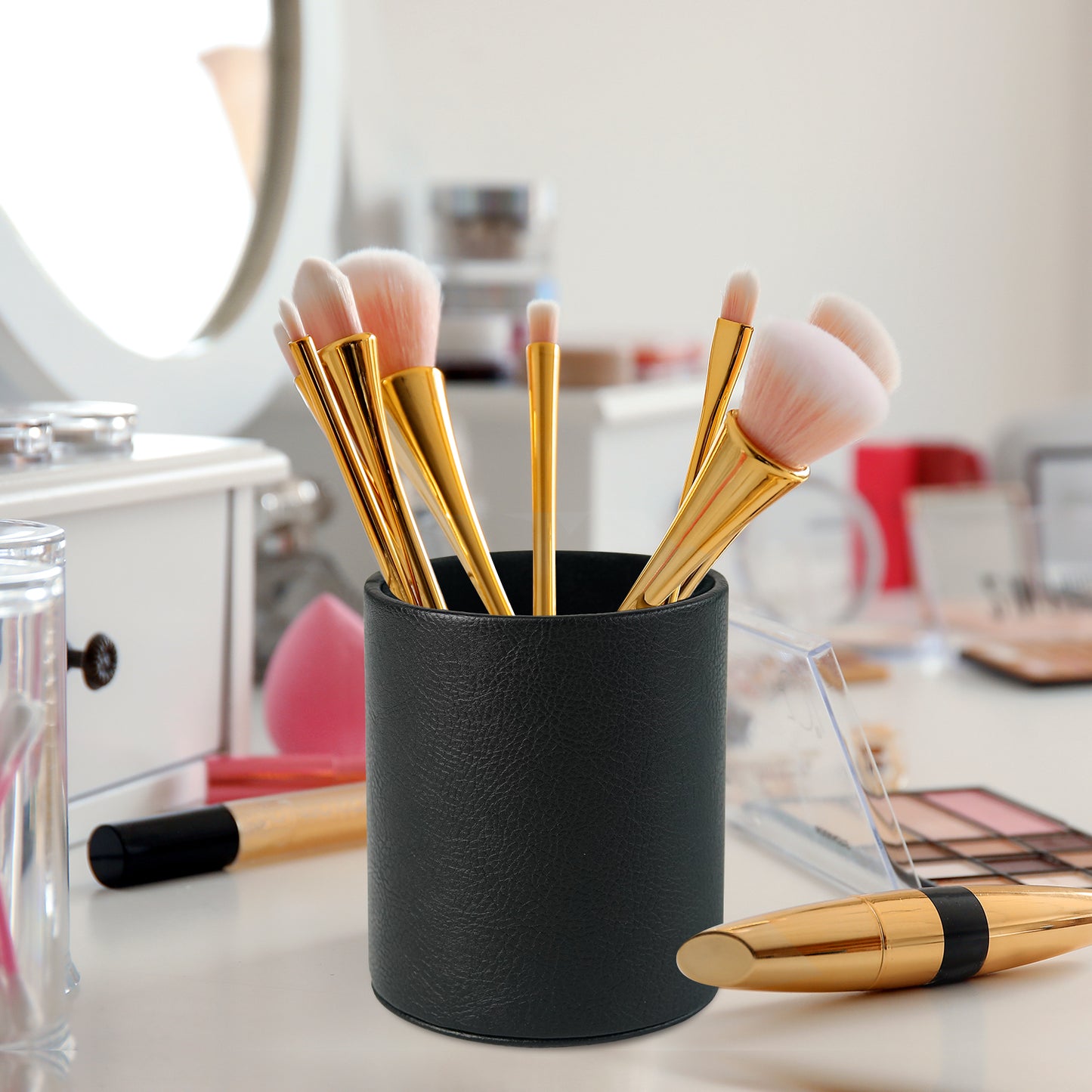 PU Leather + PVC Pen Holder Pencil Cup Makeup Brush Pen Organizer School Office Desk Stationery