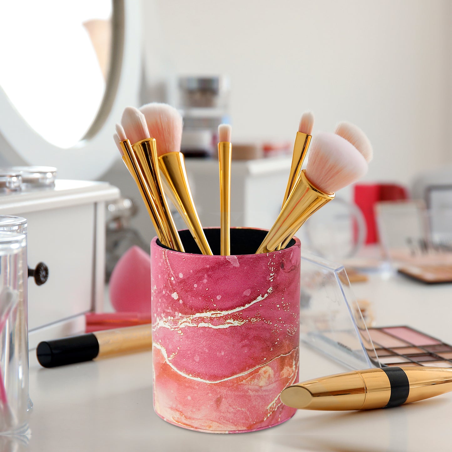 PU Leather + PVC Pen Holder Pencil Cup Makeup Brush Pen Organizer School Office Desk Stationery