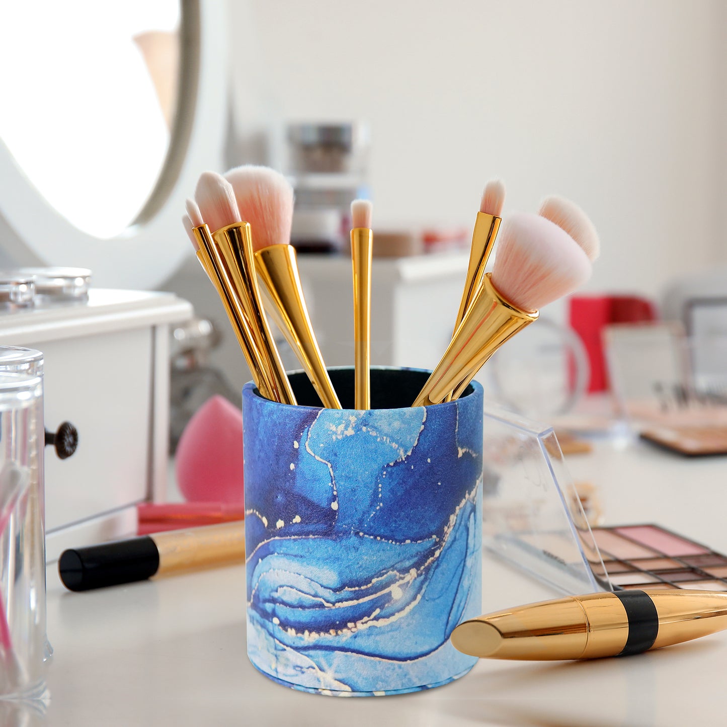 PU Leather + PVC Pen Holder Pencil Cup Makeup Brush Pen Organizer School Office Desk Stationery