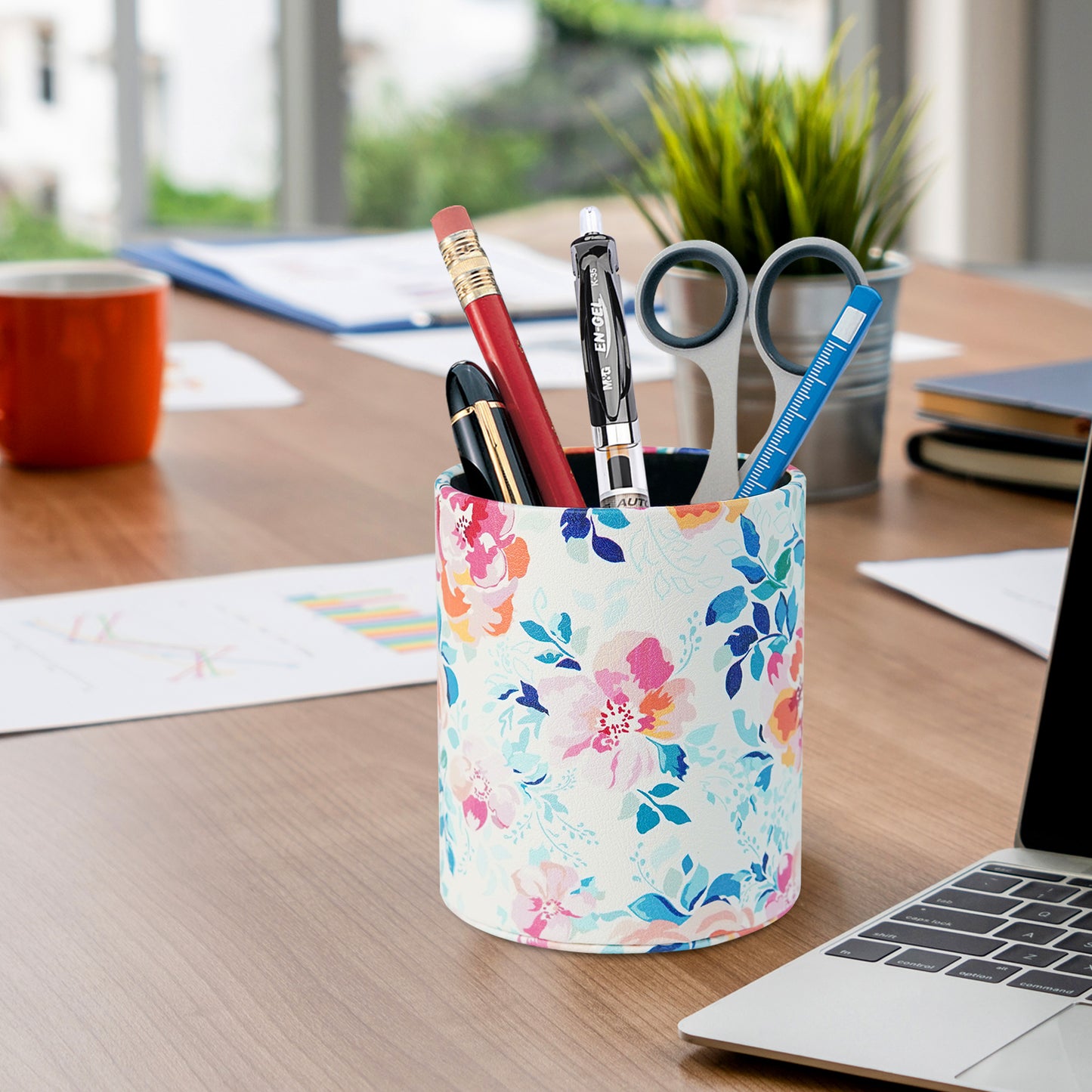 PU Leather + PVC Pen Holder Pencil Cup Makeup Brush Pen Organizer School Office Desk Stationery
