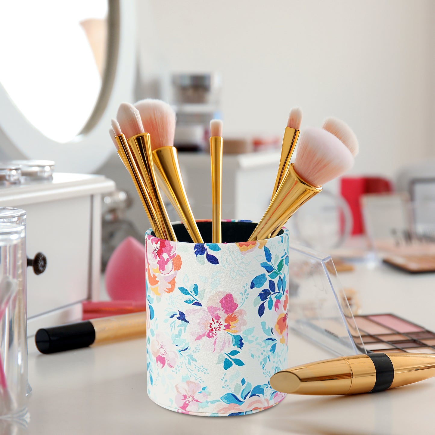PU Leather + PVC Pen Holder Pencil Cup Makeup Brush Pen Organizer School Office Desk Stationery