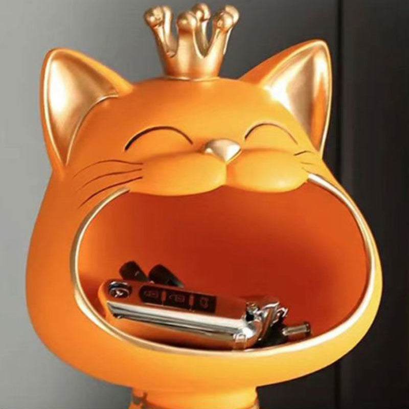 Crown Cat Sculpture Candy Sundries Keys Holder Storage Box Resin Cat Statue Home Decor, Size S