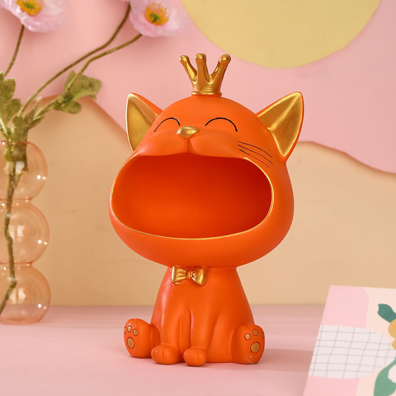 Crown Cat Sculpture Candy Sundries Keys Holder Storage Box Resin Cat Statue Home Decor, Size S