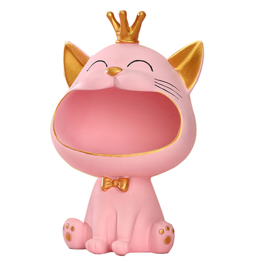 Crown Cat Sculpture Candy Sundries Keys Holder Storage Box Resin Cat Statue Home Decor, Size S