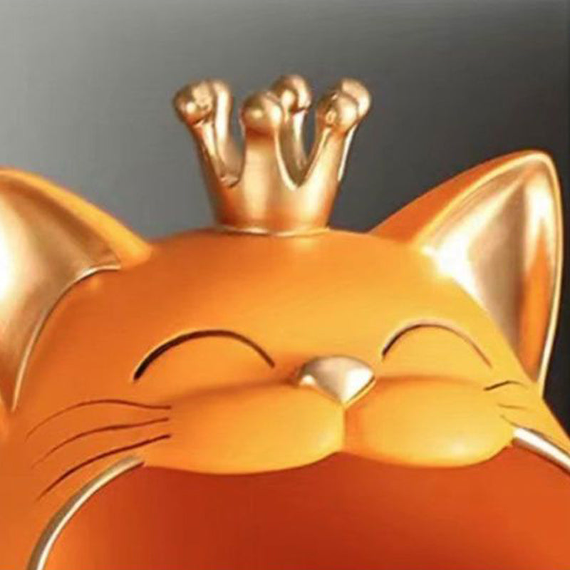 Crown Cat Sculpture Candy Sundries Keys Holder Storage Box Resin Cat Statue Home Decor, Size S