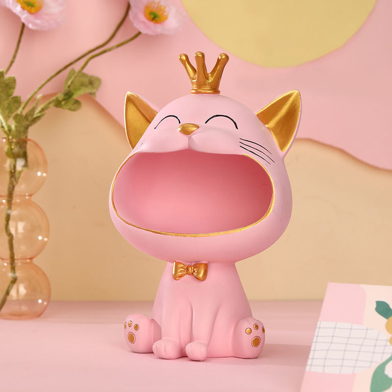Crown Cat Sculpture Candy Sundries Keys Holder Storage Box Resin Cat Statue Home Decor, Size S