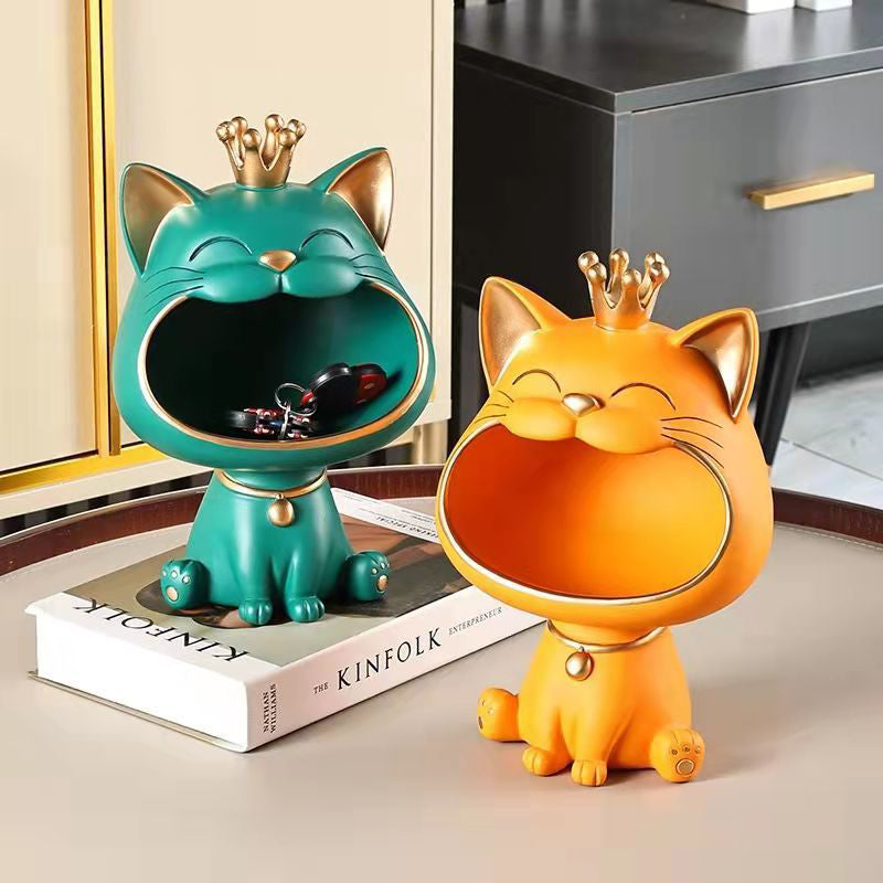 Laughing Cat Figure Storage Box Key Watch Holder Resin Cat Sculpture Home Decor, Size L