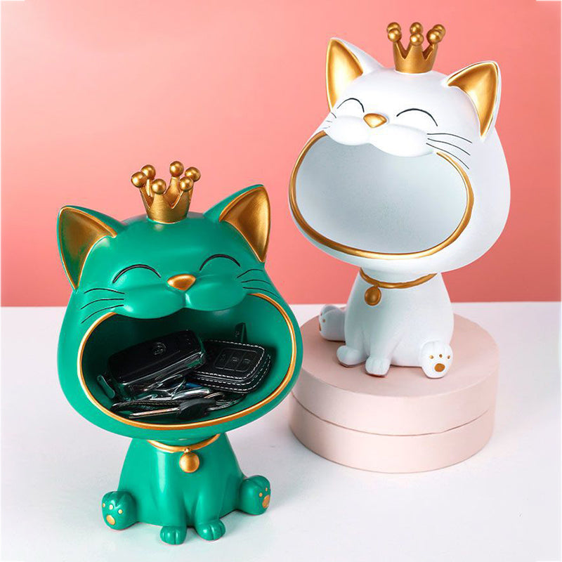 Laughing Cat Figure Storage Box Key Watch Holder Resin Cat Sculpture Home Decor, Size L