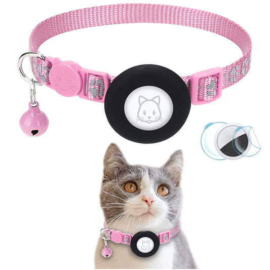 Paw Pattern Reflective Nylon Pet Collar with Silicone Case + Protective Film for AirTag Tracker ST
