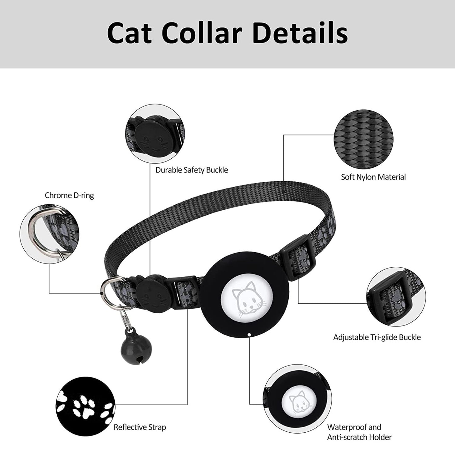 Paw Pattern Reflective Nylon Pet Collar with Silicone Case + Protective Film for AirTag Tracker ST