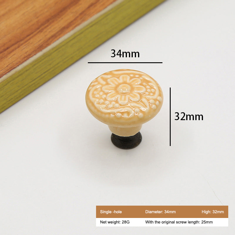Ceramic Cabinet Drawer Door Knob Cupboard Wardrobe Embossed Round Pull Handle with 25mm Screw