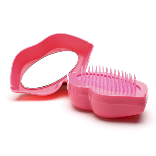 ABS Plastic Lip-Shaped Hair Comb Compact Mini Travel Hair Brush Hairbrush with Mirror for Women