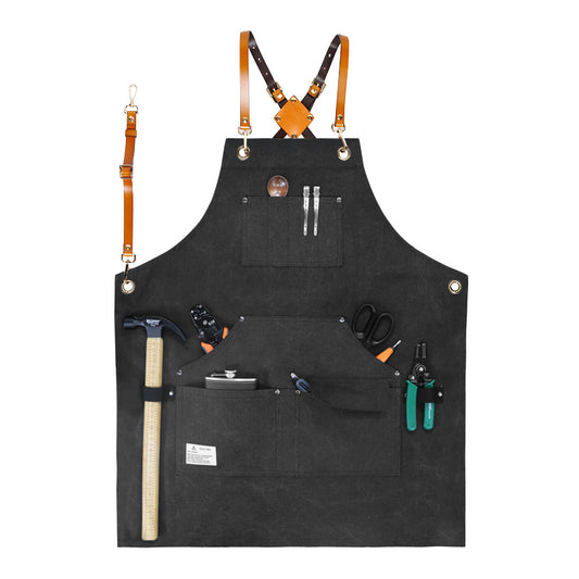 D001 Multi-pockets Apron Waterproof Canvas Apron for Heavy Duty Woodworking Gardening, Brown Leather Strap