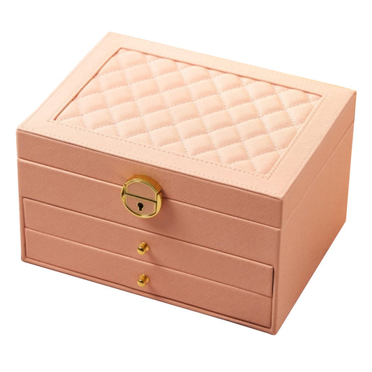 Rhombus Stitching Lines Three-layer Drawer Jewelry Lock Case Necklace Ring PU Leather Display Box, 23*17*13.5cm