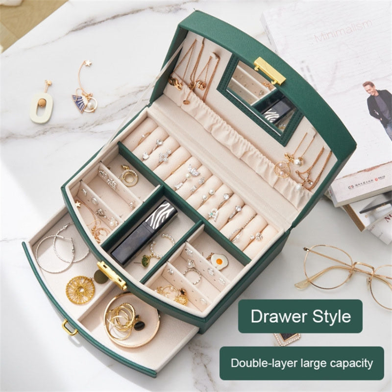 Dual Layer Jewelry Box Organizer Earring Rings Storage Display PU Leather Case, 20x16x10cm