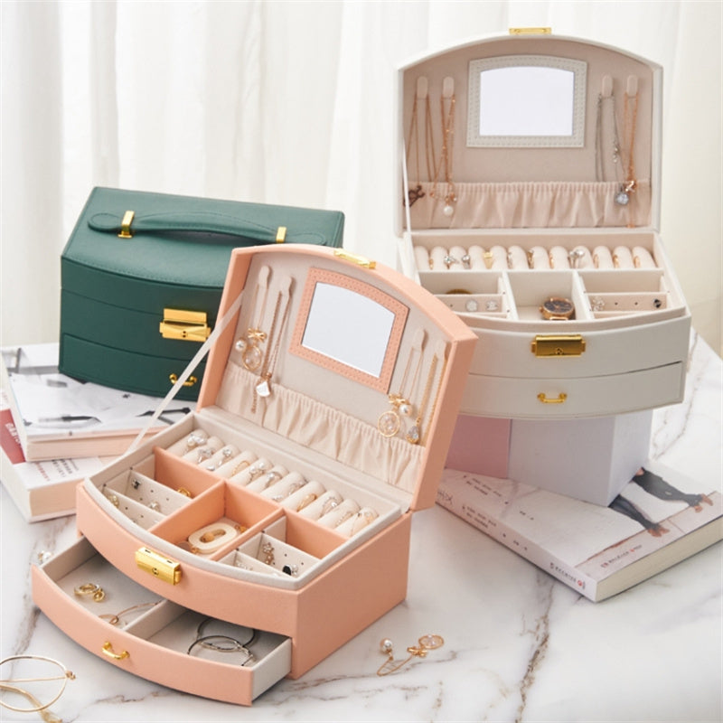 Dual Layer Jewelry Box Organizer Earring Rings Storage Display PU Leather Case, 20x16x10cm