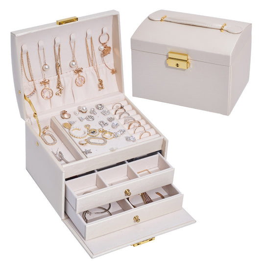 Three Layers Jewelry Box PU Leather Necklace Earring Rings Storage Case with Lock, 17x14x13cm