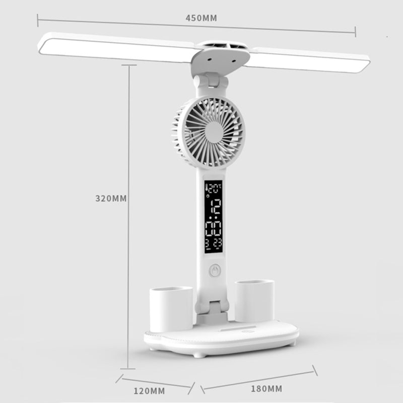Built-in 2000mAh Battery Table LED Light Rechargeable Clock Function Pen Holder Reading Lamp Fan (with USB Cable)