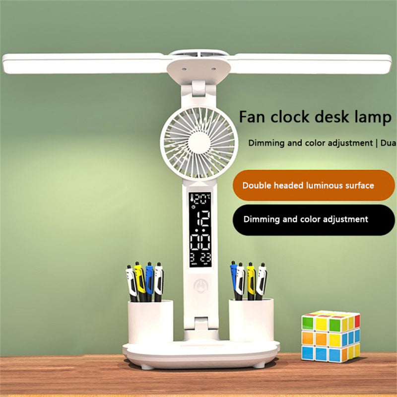 Built-in 2000mAh Battery Table LED Light Rechargeable Clock Function Pen Holder Reading Lamp Fan (with USB Cable)