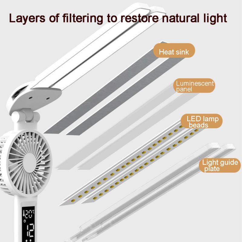 Built-in 2000mAh Battery Table LED Light Rechargeable Clock Function Pen Holder Reading Lamp Fan (with USB Cable)