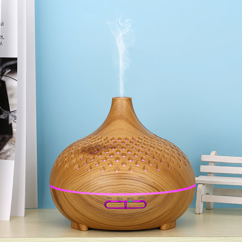 500ml Hollow Humidifier Wood Grain Colorful Light Essential Oil Diffuser with Remote Control (No CE Certificate)