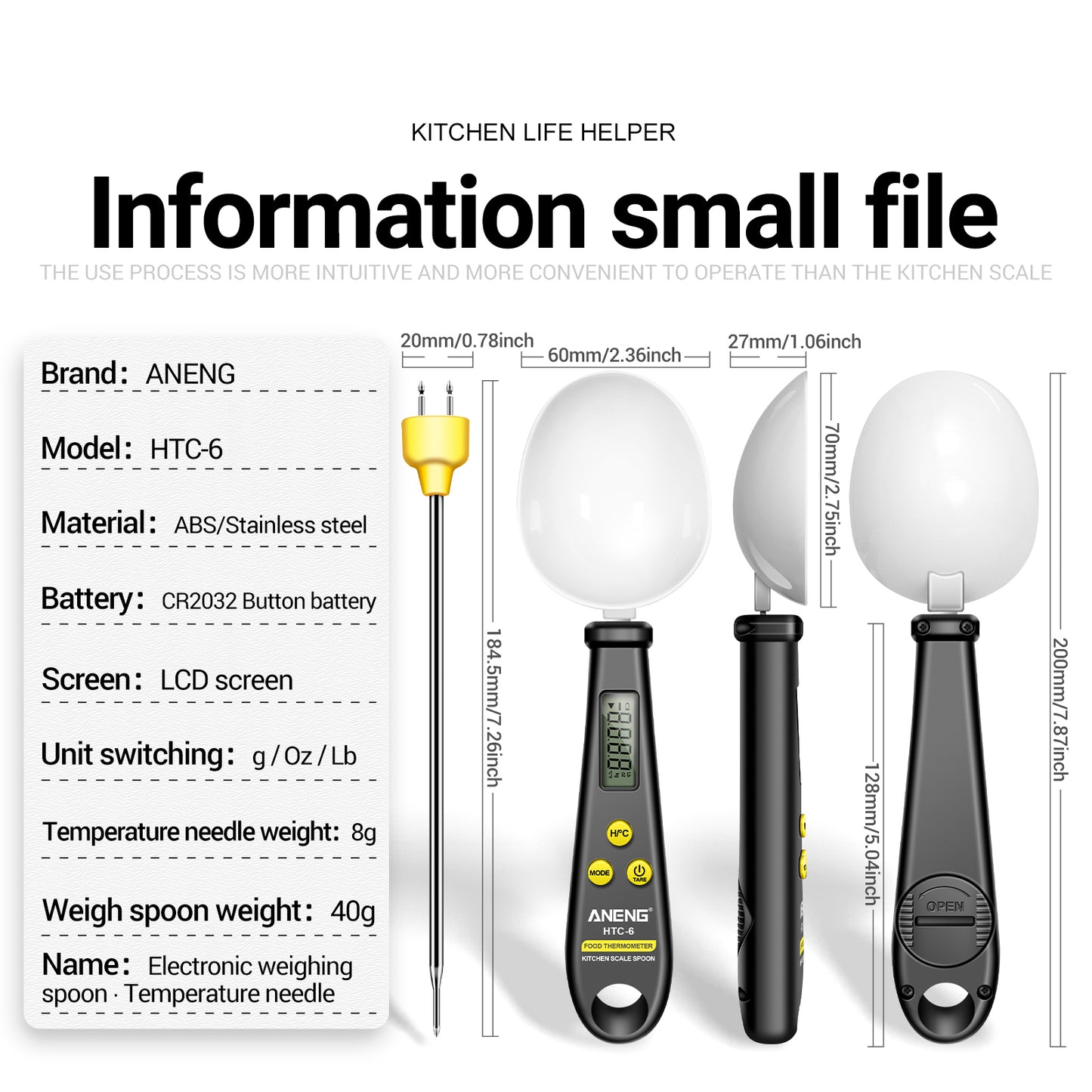 ANENG 2-in-1 ABS+Stainless Steel Digital Display Electronic Kitchen Thermometer Food Weight Measuring Spoon