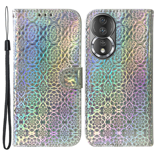 Leather Phone Case For Honor 80 5G , Wallet Stand Dazzling Flower Pattern Anti-scratch Phone Cover with Strap