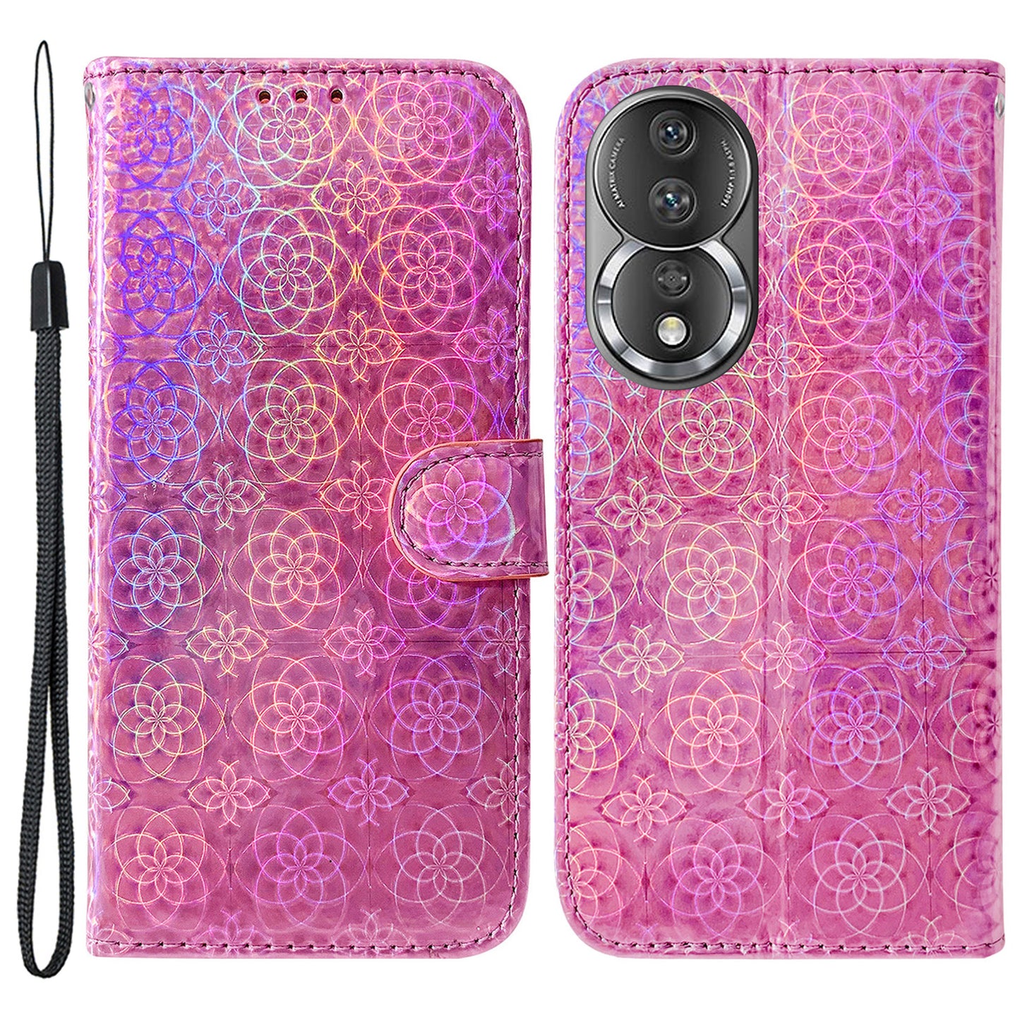 Leather Phone Case For Honor 80 5G , Wallet Stand Dazzling Flower Pattern Anti-scratch Phone Cover with Strap