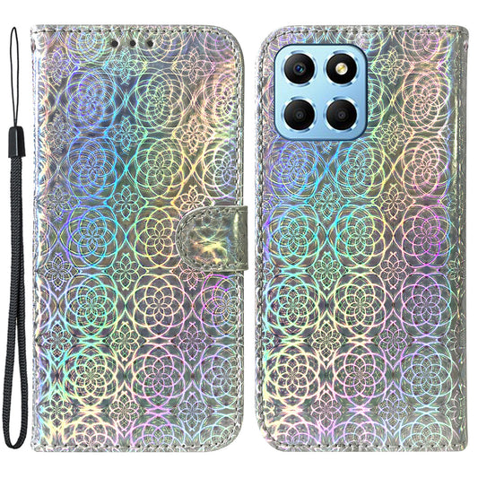 For Honor X8 5G Stand Magnetic Flip Phone Cover Leather Dazzling Flower Pattern Wallet Case with Strap