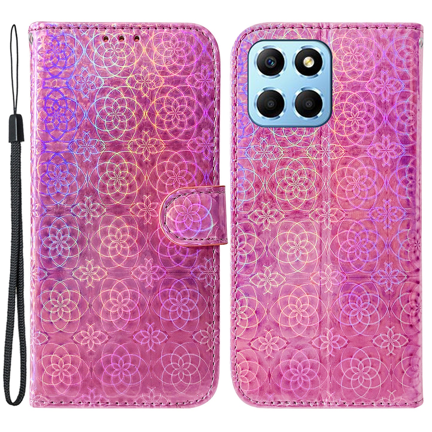 For Honor X8 5G Stand Magnetic Flip Phone Cover Leather Dazzling Flower Pattern Wallet Case with Strap