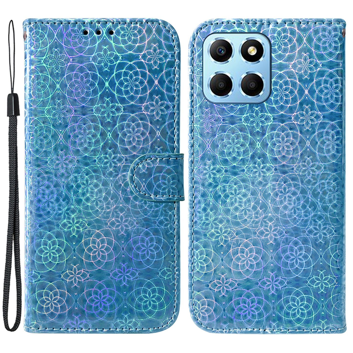 For Honor X8 5G Stand Magnetic Flip Phone Cover Leather Dazzling Flower Pattern Wallet Case with Strap