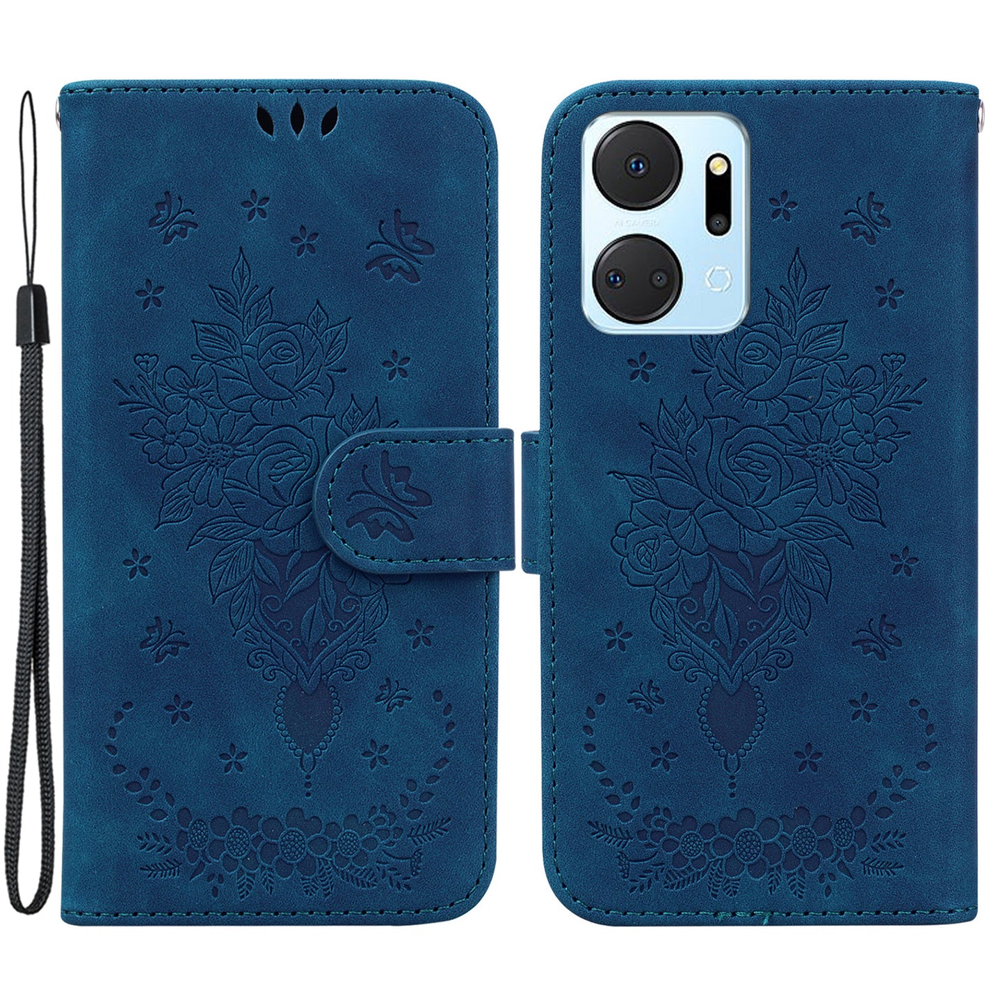 For Honor X7a 5G PU Leather Phone Case Rose Butterfly Imprinted Stand Flip Wallet Cover with Strap