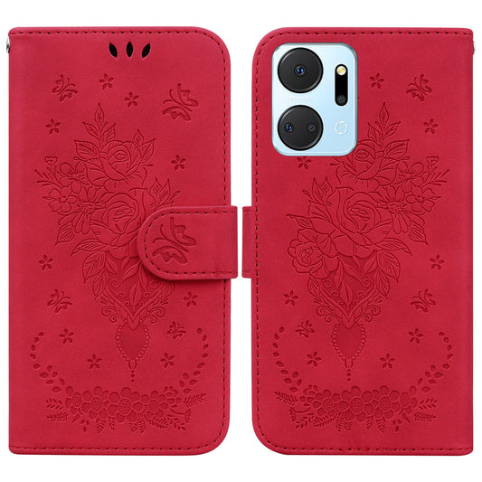 For Honor X7a 5G PU Leather Phone Case Rose Butterfly Imprinted Stand Flip Wallet Cover with Strap
