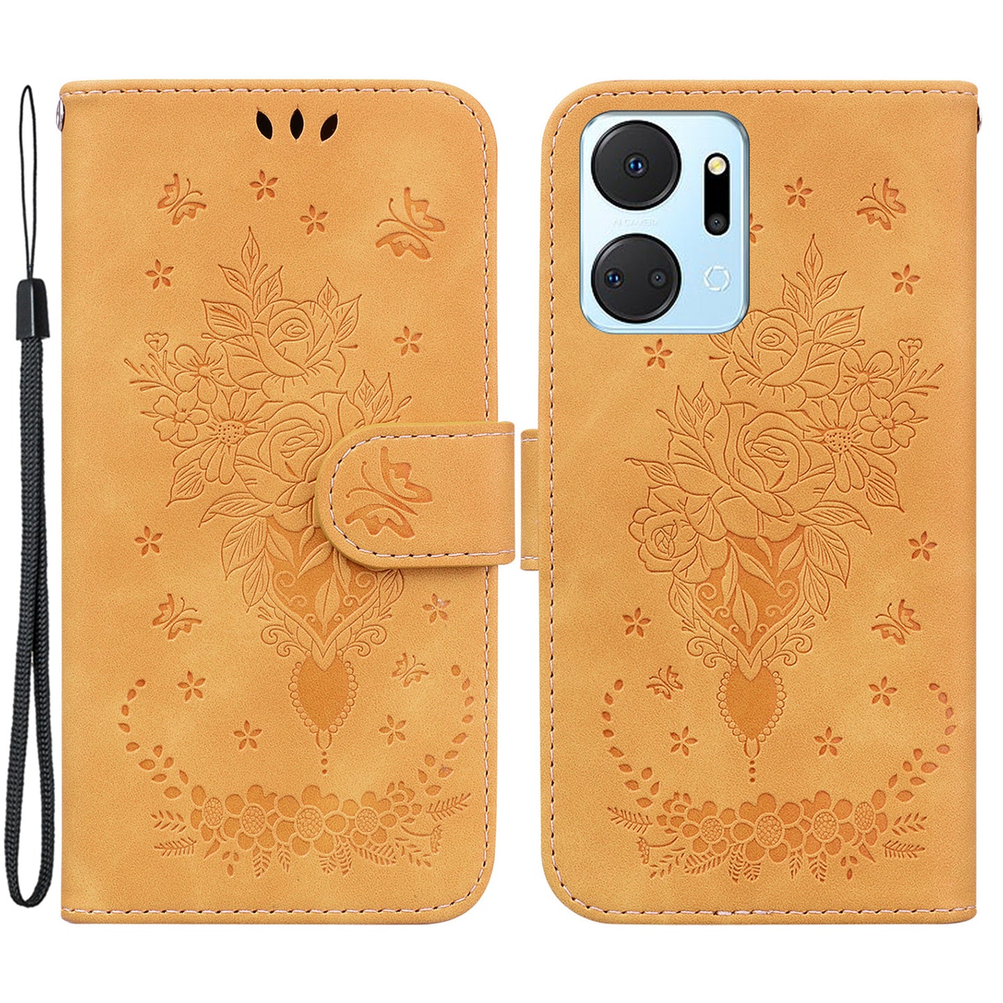 For Honor X7a 5G PU Leather Phone Case Rose Butterfly Imprinted Stand Flip Wallet Cover with Strap