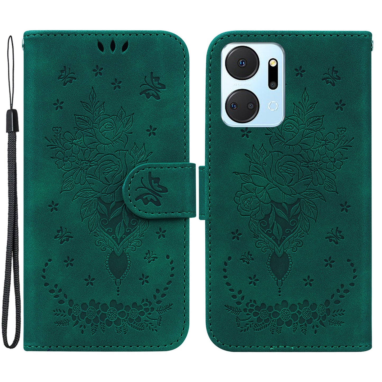 For Honor X7a 5G PU Leather Phone Case Rose Butterfly Imprinted Stand Flip Wallet Cover with Strap