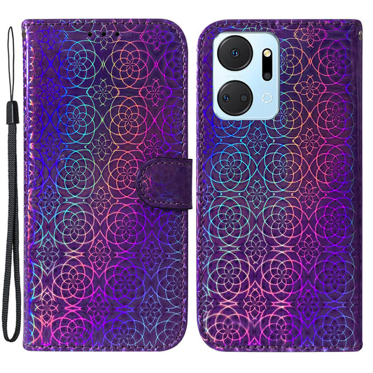 For Honor X7a 5G Leather Dazzling Flower Pattern Wallet Case Stand Magnetic Closure Flip Phone Cover with Strap