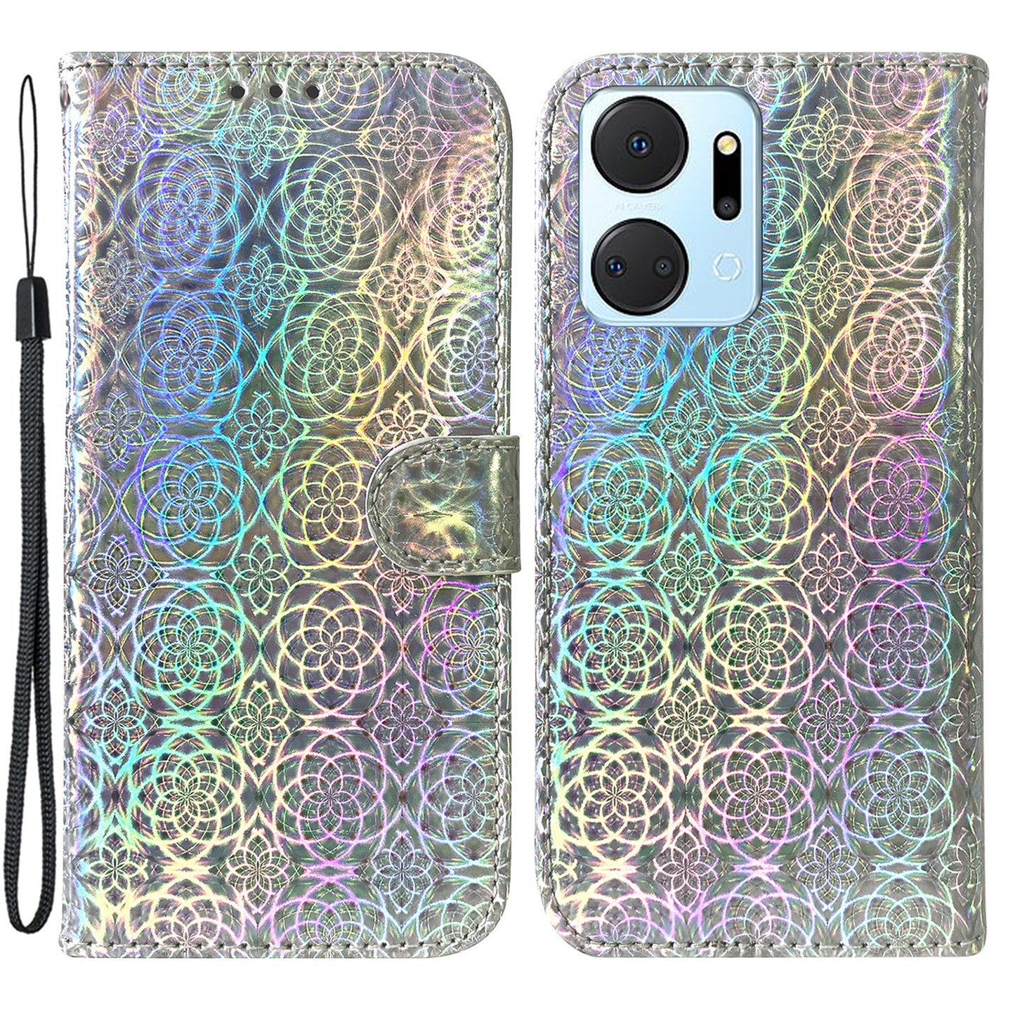 For Honor X7a 5G Leather Dazzling Flower Pattern Wallet Case Stand Magnetic Closure Flip Phone Cover with Strap