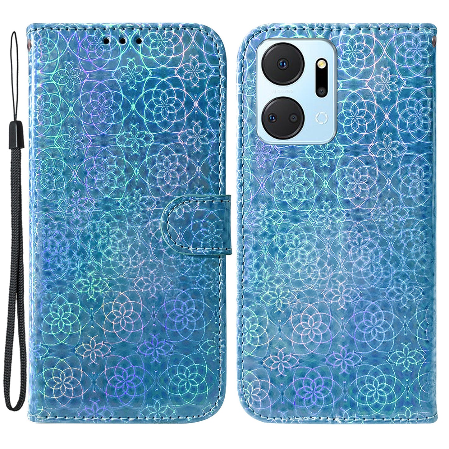 For Honor X7a 5G Leather Dazzling Flower Pattern Wallet Case Stand Magnetic Closure Flip Phone Cover with Strap